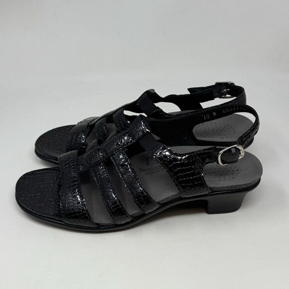 SAS Allegro Sandals Womens 10 N Narrow Black Leather Croc Print Pump Strappy - Picture 5 of 15